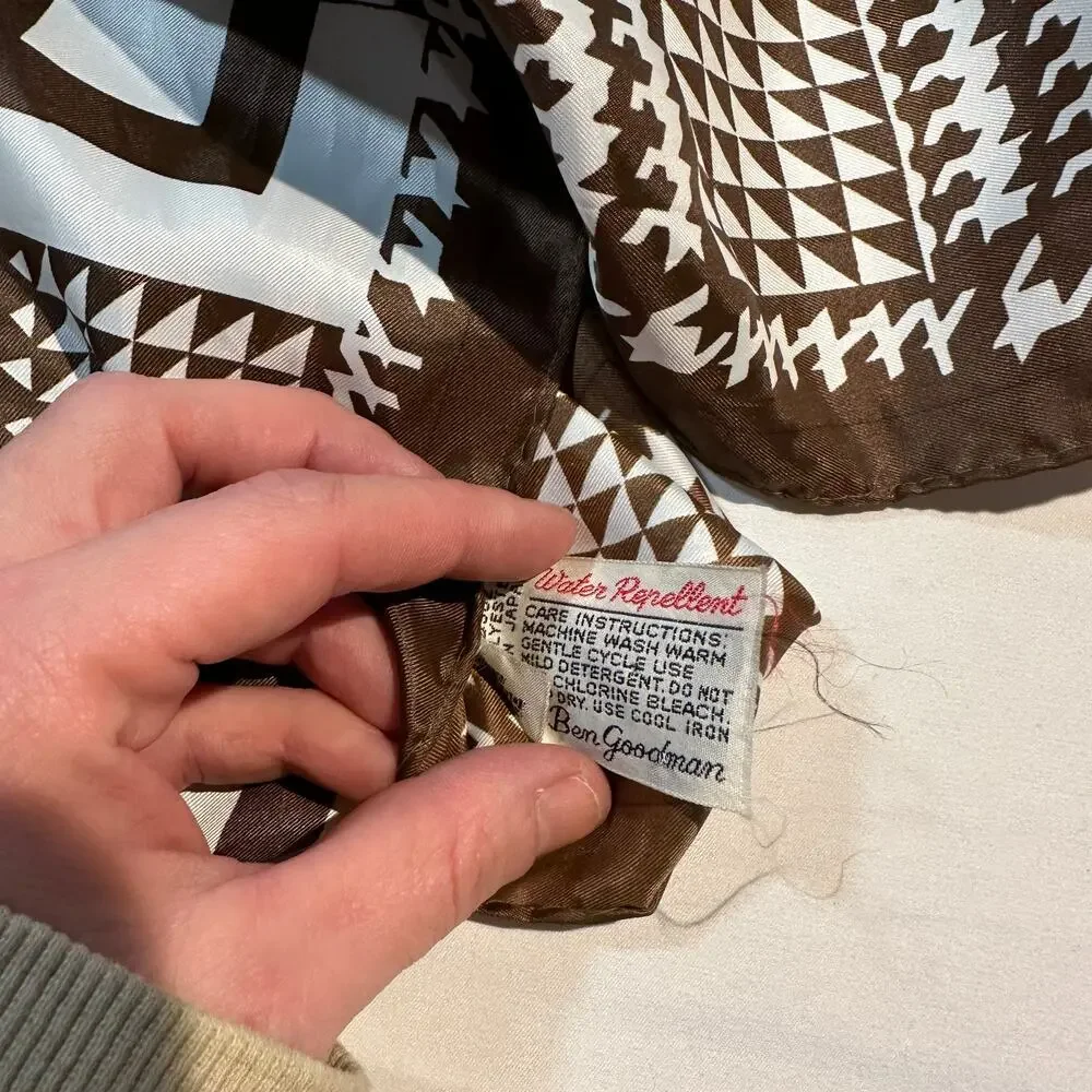 Vintage 1960s Ben Goodman Brown Checkered Plaid Houndstooth Scarf / Headscarf